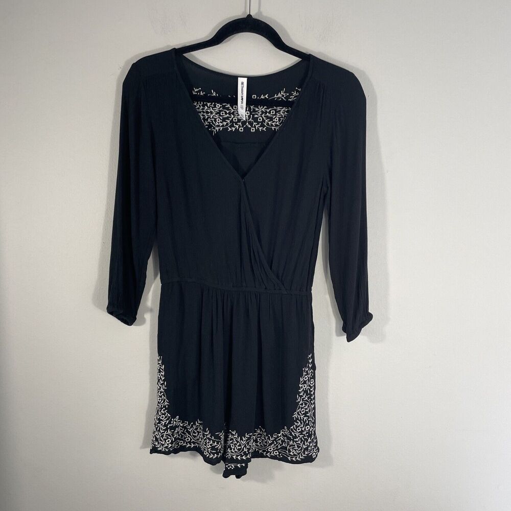 Bethany Mota Romper Shorts Womens Size XS Gauze Black Embroidered Faux Wrap Boho